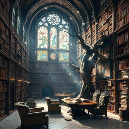 A vast, enchanting fantasy library filled with towering shelves overflowing with ancient, leather-bound books