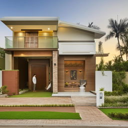 A lavish house featuring a ground floor with an organised wash area, a dedicated servant room, a capacious storage, a trendy kitchen-dining space, a cozy living room, an elegant powder room, a comforting guest room, and a peaceful pooja room.