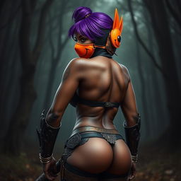 A slim thick, chocolate-toned African American woman with a slim waist, styled with vibrant purple hair
