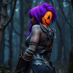 A slim thick, chocolate-toned African American woman with a slim waist, styled with vibrant purple hair