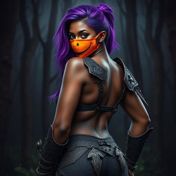 A slim thick, chocolate-toned African American woman with a slim waist, styled with vibrant purple hair