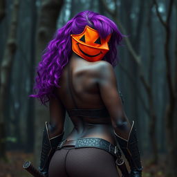 A slim thick, chocolate-toned African American woman with a slim waist, styled with vibrant purple hair