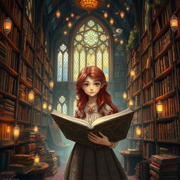 A magical fantasy library filled with towering shelves of ancient books, soft glowing lights, and an enchanting atmosphere