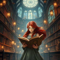 A magical fantasy library filled with towering shelves of ancient books, soft glowing lights, and an enchanting atmosphere