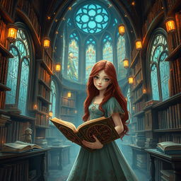 A magical fantasy library filled with towering shelves of ancient books, soft glowing lights, and an enchanting atmosphere