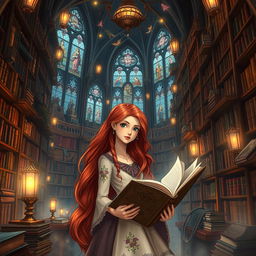 A magical fantasy library filled with towering shelves of ancient books, soft glowing lights, and an enchanting atmosphere