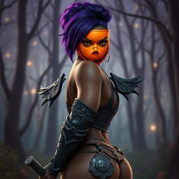 A slim thick, chocolate-toned African American woman with a slim waist, styled with striking purple hair