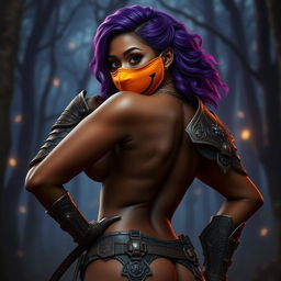 A slim thick, chocolate-toned African American woman with a slim waist, styled with striking purple hair