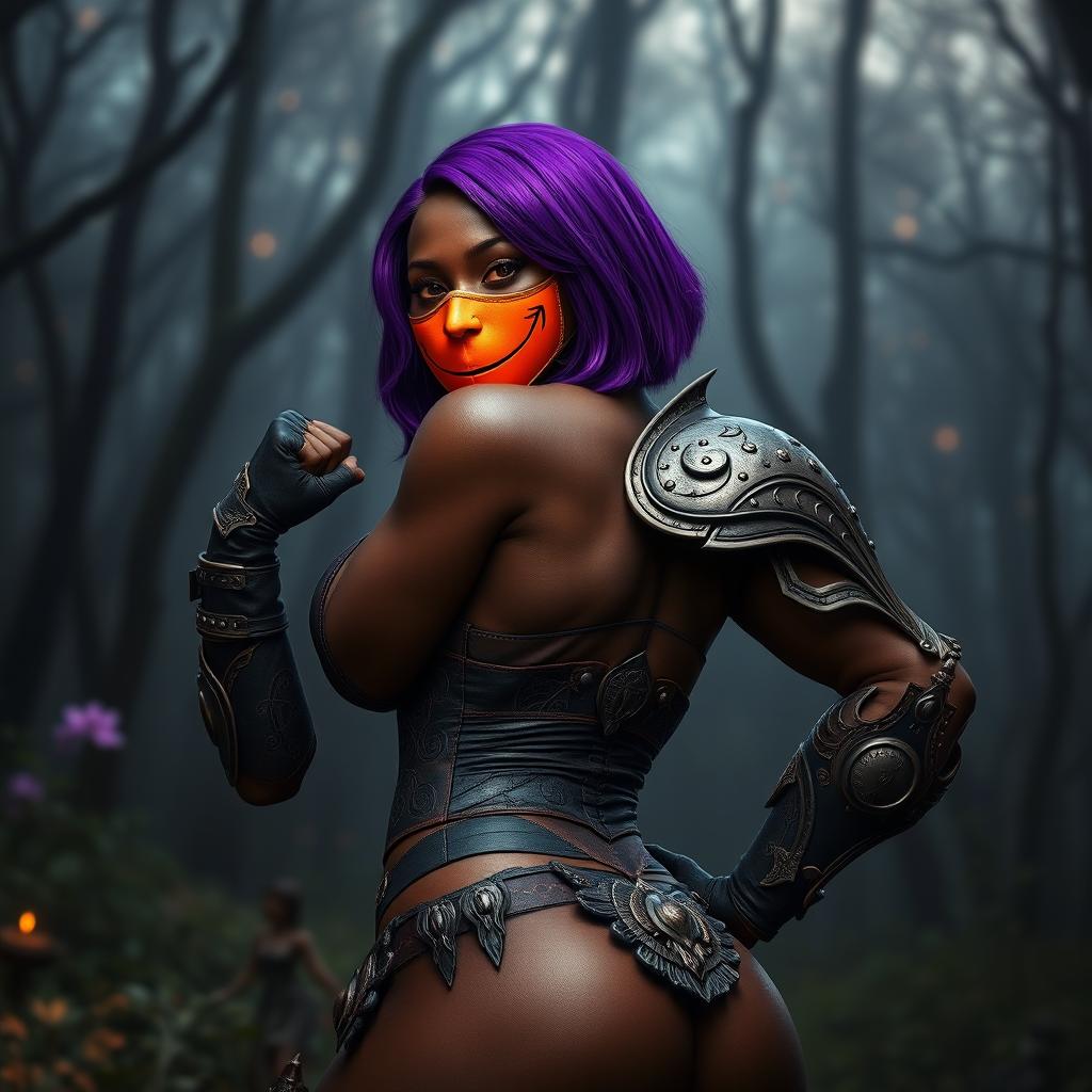 A slim thick, chocolate-toned African American woman with a slim waist, styled with striking purple hair