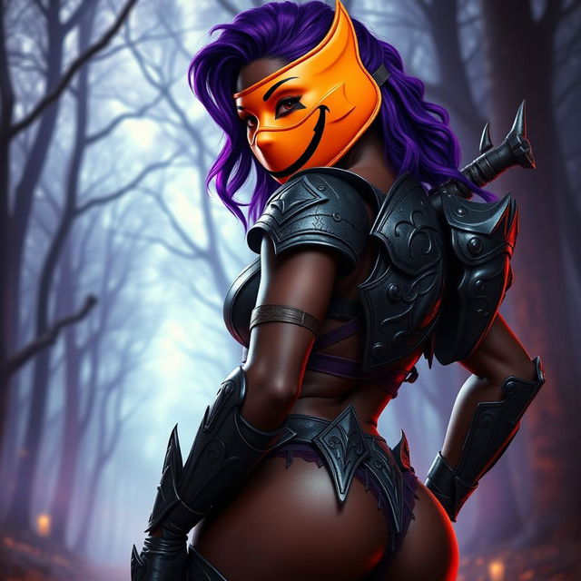 A slim thick, chocolate-toned African American woman with a slim waist, styled with striking purple hair