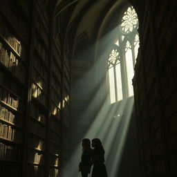 A captivating fantasy library filled with tall, shadowy bookshelves stretching towards the ceiling