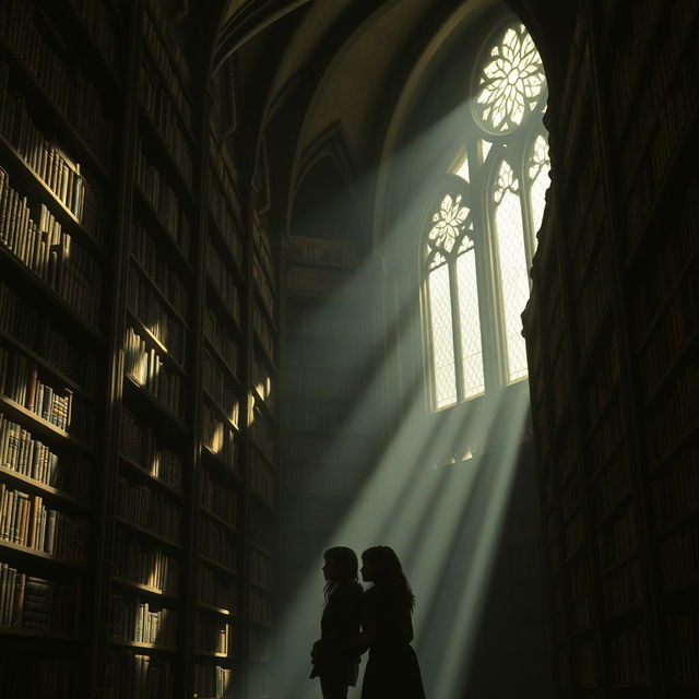 A captivating fantasy library filled with tall, shadowy bookshelves stretching towards the ceiling