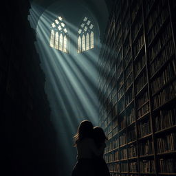 A captivating fantasy library filled with tall, shadowy bookshelves stretching towards the ceiling