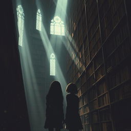 A captivating fantasy library filled with tall, shadowy bookshelves stretching towards the ceiling