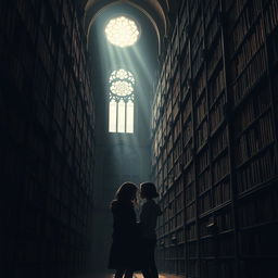 A captivating fantasy library filled with tall, shadowy bookshelves stretching towards the ceiling