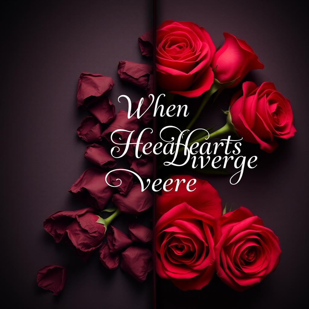 An elegant and mysterious book cover for the title "When Hearts Diverge" designed in an ethereal style with a smooth, dark feminine color combination
