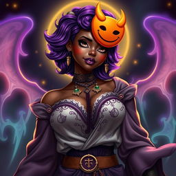 A slim thick African American woman with chocolate-toned skin and a slim waist, showcasing her large breasts and voluptuous wide hips