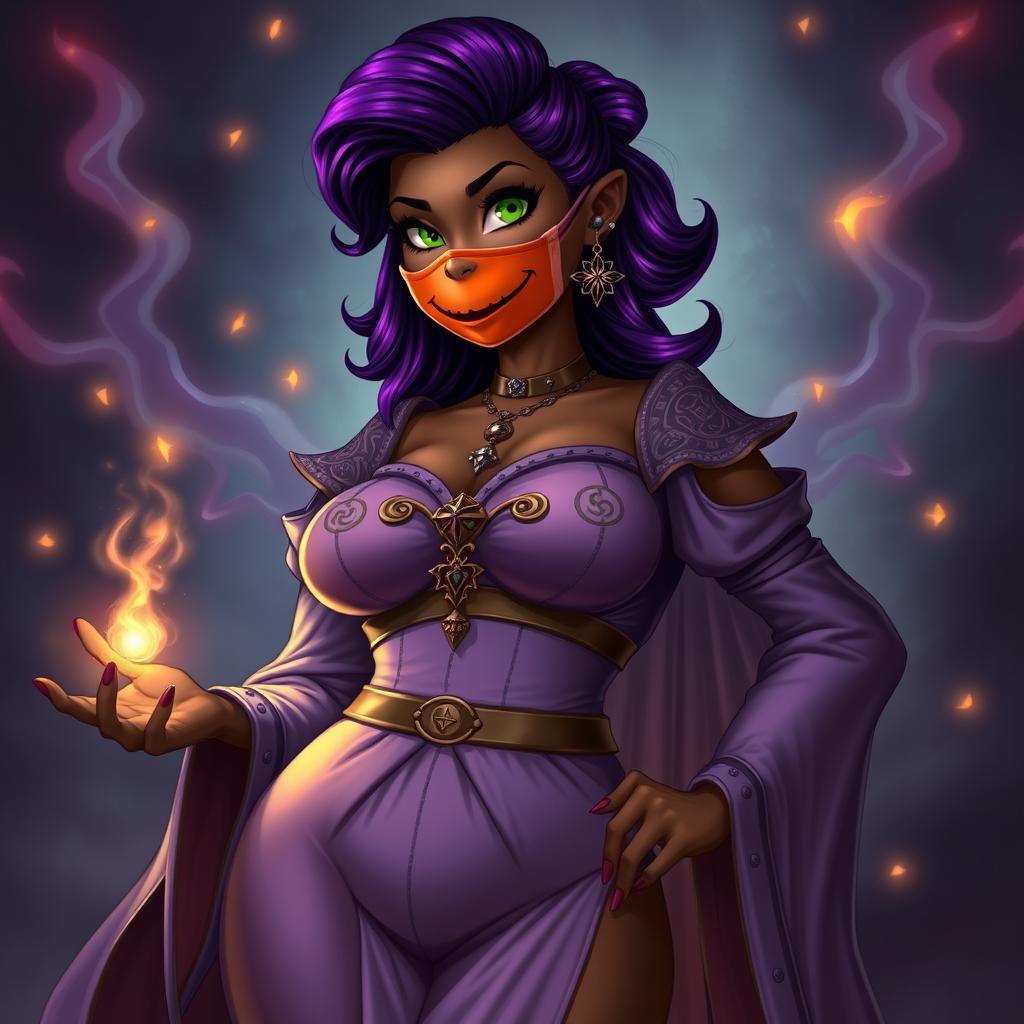 A slim thick African American woman with chocolate-toned skin and a slim waist, showcasing her large breasts and voluptuous wide hips