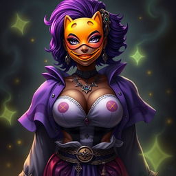 A slim thick African American woman with chocolate-toned skin and a slim waist, showcasing her large breasts and voluptuous wide hips