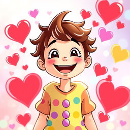 A joyful character with a big smile, radiating happiness and positivity, surrounded by colorful heart shapes