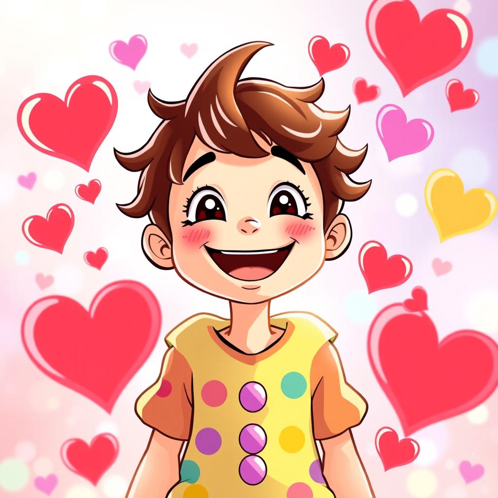 A joyful character with a big smile, radiating happiness and positivity, surrounded by colorful heart shapes