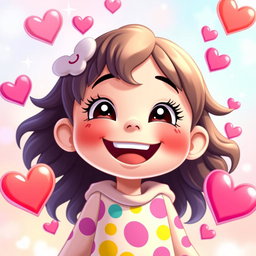 A joyful character with a big smile, radiating happiness and positivity, surrounded by colorful heart shapes