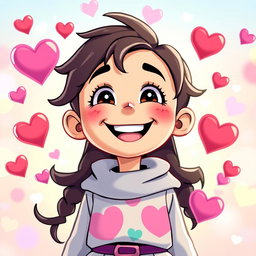 A joyful character with a big smile, radiating happiness and positivity, surrounded by colorful heart shapes