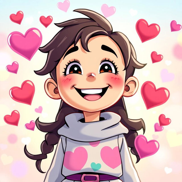 A joyful character with a big smile, radiating happiness and positivity, surrounded by colorful heart shapes