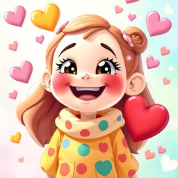 A joyful character with a big smile, radiating happiness and positivity, surrounded by colorful heart shapes