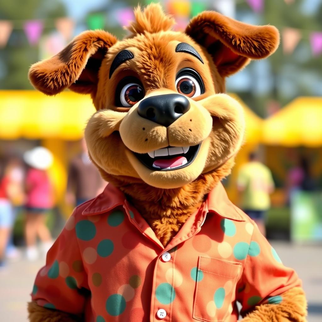 A cheerful and friendly dog mascot, dressed in a stylish button-down shirt