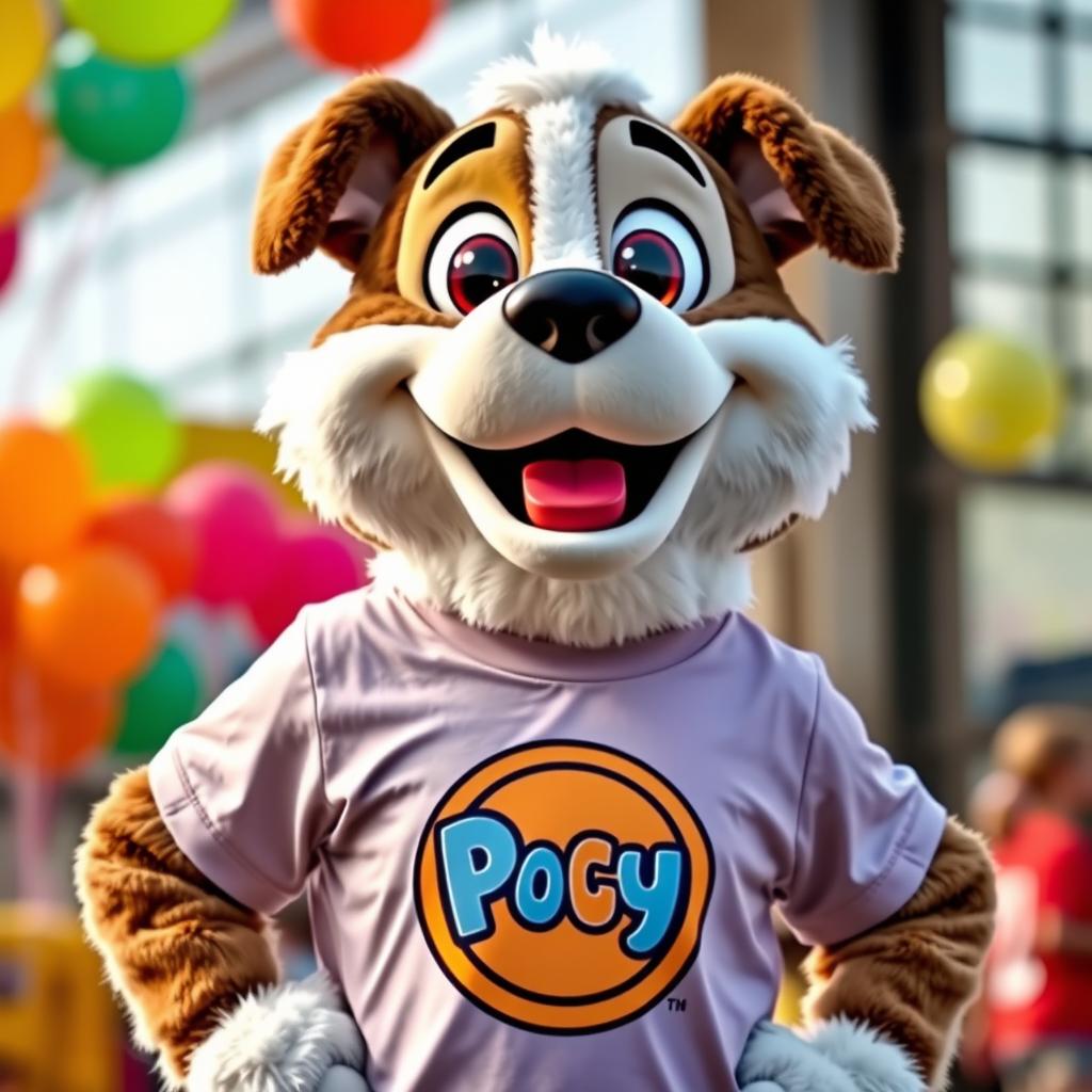 A lively and animated dog mascot, wearing a colorful and fun t-shirt that showcases a playful design or logo