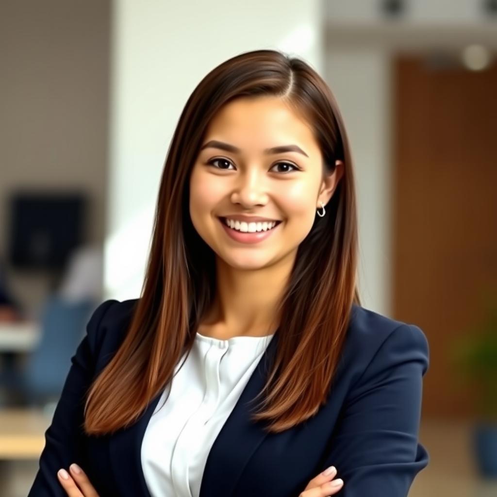 A professional office profile picture featuring a confident young woman smiling warmly