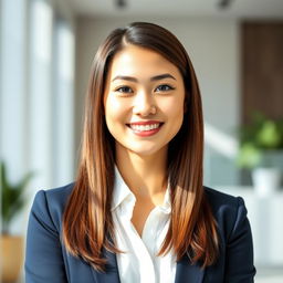 A professional office profile picture featuring a confident young woman smiling warmly