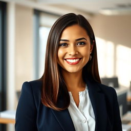 A professional office profile picture featuring a confident young woman smiling warmly