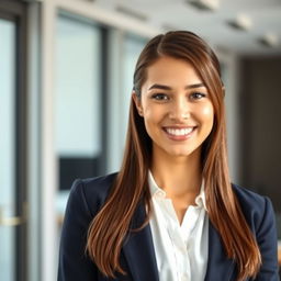 A professional office profile picture featuring a confident young woman smiling warmly