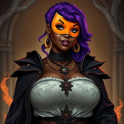 A slim thick African American woman with rich chocolate-toned skin and a slim waist, accentuating her large breasts and voluptuous, curvy hips