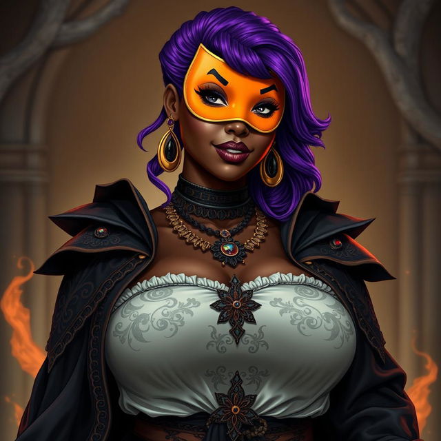 A slim thick African American woman with rich chocolate-toned skin and a slim waist, accentuating her large breasts and voluptuous, curvy hips