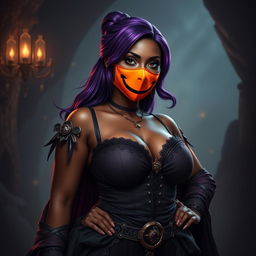 A slim thick African American woman with rich chocolate-toned skin and a slim waist, accentuating her large breasts and voluptuous, curvy hips