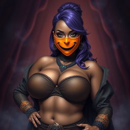 A slim thick African American woman with rich chocolate-toned skin and a slim waist, accentuating her large breasts and voluptuous, curvy hips