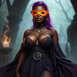 A slim thick African American woman with rich chocolate-toned skin and a slim waist, accentuating her large breasts and voluptuous, curvy hips