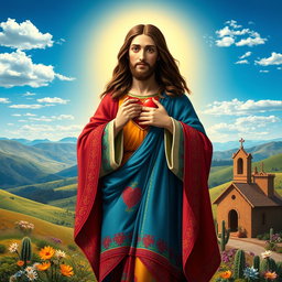 A depiction of a Mexican Jesus figure, wearing traditional embroidered garments with vibrant colors, surrounded by a beautiful landscape of rolling hills and a bright blue sky