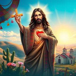 A depiction of a Mexican Jesus figure, wearing traditional embroidered garments with vibrant colors, surrounded by a beautiful landscape of rolling hills and a bright blue sky