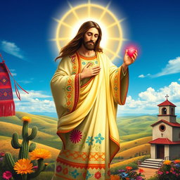 A depiction of a Mexican Jesus figure, wearing traditional embroidered garments with vibrant colors, surrounded by a beautiful landscape of rolling hills and a bright blue sky