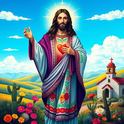 A depiction of a Mexican Jesus figure, wearing traditional embroidered garments with vibrant colors, surrounded by a beautiful landscape of rolling hills and a bright blue sky