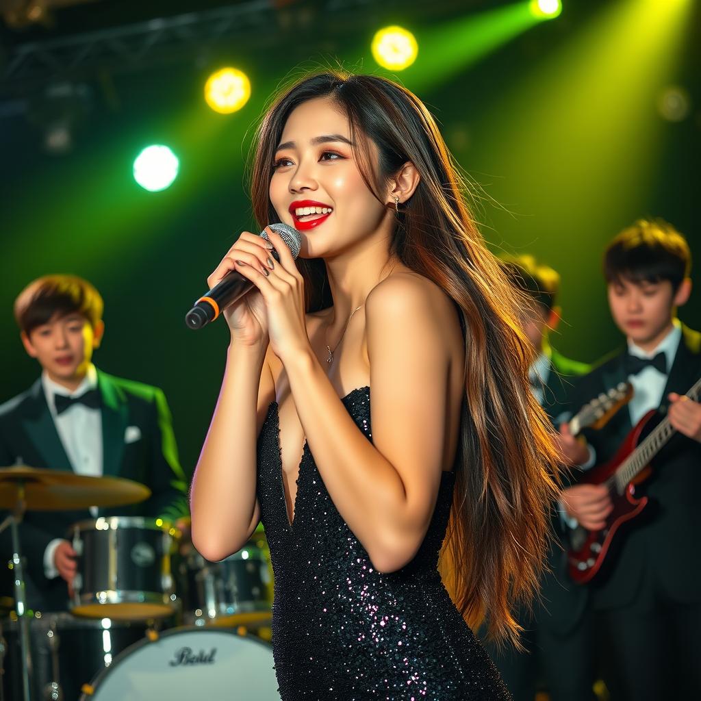 A vibrant night scene featuring a beautiful, hot, thin Korean woman with long hair, wearing a stunning black glimmering, glam sparkling dress