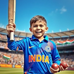 A young boy wearing a vibrant Indian cricket jersey, with an excited expression on his face as he celebrates a cricket victory