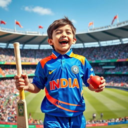 A young boy wearing a vibrant Indian cricket jersey, with an excited expression on his face as he celebrates a cricket victory