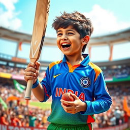 A young boy wearing a vibrant Indian cricket jersey, with an excited expression on his face as he celebrates a cricket victory