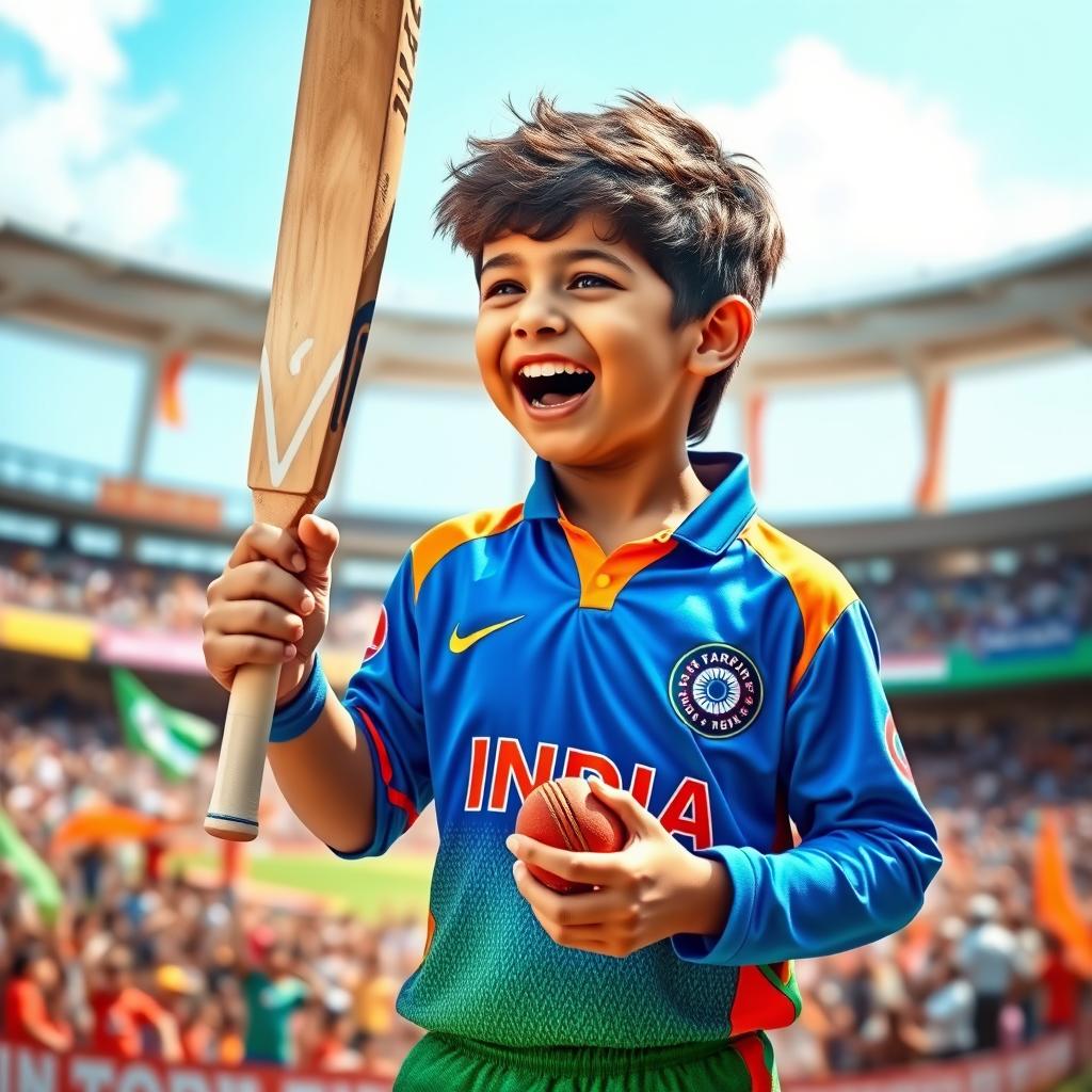 A young boy wearing a vibrant Indian cricket jersey, with an excited expression on his face as he celebrates a cricket victory