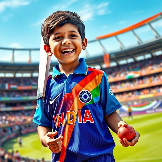 A young boy wearing a vibrant Indian cricket jersey, with an excited expression on his face as he celebrates a cricket victory